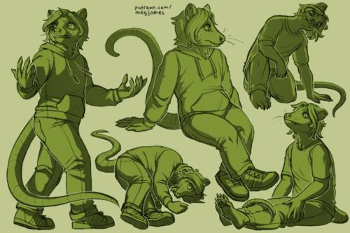 Sketch page featuring multiple sketches of Brandon, an anthro opossum, in multiple poses and angles. The sketches are loosely shaded and toned in green.