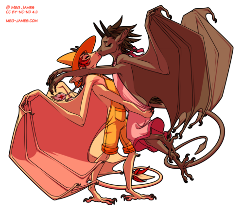 Simple full body drawing of two anthro dragons. The dragon on the left, Arenna, is pale yellow with pinkish markings, brown and red feathers on her head and tail, and attired in a yellow witch hat and overalls. The dragon on the right, Suzanne, has brown coloration and feathers and is wearing a pink dress. Suzanne is jumping into Arenna's arms and they are kissing.