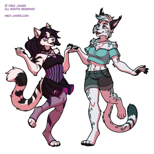 Simple full body drawing of two anthro felines. The character on the left is a white cat with wide black stripes and dark hair, wearing glasses, and dressed in a black and purple dress and sheer stockings The character on the right is a white snow leopard/lynx hybrid with blue rosettes, and is dressed in a blue crop top and denim shorts. They are holding each others' hands and dancing together.