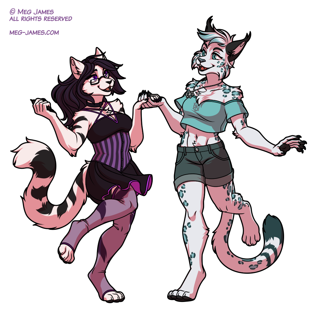 Simple full body drawing of two anthro felines. The character on the left is a white cat with wide black stripes and dark hair, wearing glasses, and dressed in a black and purple dress and sheer stockings The character on the right is a white snow leopard/lynx hybrid with blue rosettes, and is dressed in a blue crop top and denim shorts. They are holding each others' hands and dancing together.