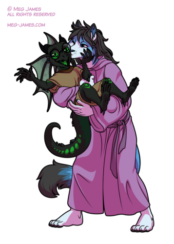 Simple full body drawing of a kobold and an anthro cat. The cat has blue fur with dark gray and white markings, and is wearing a pinkish robe. The kobold is black with green markings and long frills, wearing big round glasses, as well as a brown top and kilt. The cat is holding the kobold in his arms and kissing them on the cheek.