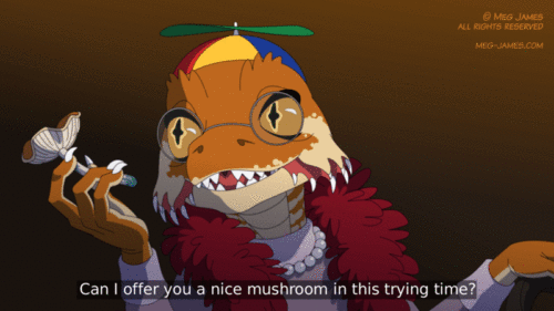 A short animation of an elderly kobold looking over her shoulder and holding out a mushroom, asking 