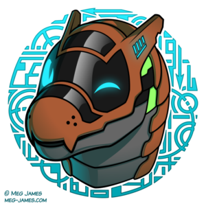 Icon of an brownish-orange synth with glowing blue eyes, framed in a decorative light blue circle of detailed geometric patterns.