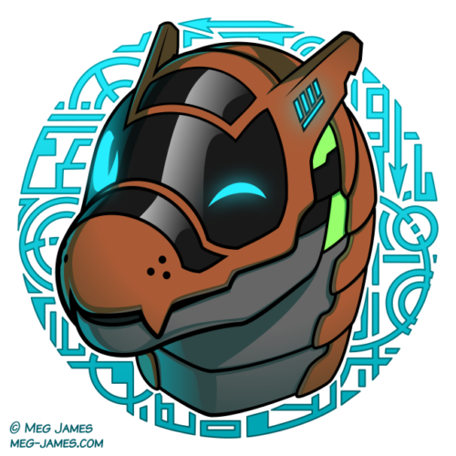 Icon of an brownish-orange synth with glowing blue eyes, framed in a decorative light blue circle of detailed geometric patterns.