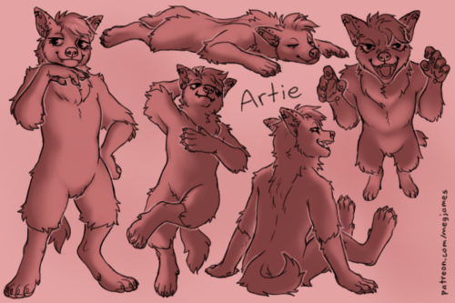 Sketch page featuring multiple sketches of Artie, an anthro brown hyena, in multiple poses and angles. The sketches are loosely shaded and toned in pink.