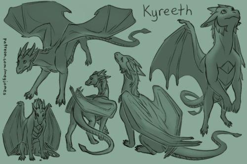Sketch page featuring multiple sketches of Kyreeth, an anthro dragon, in multiple poses and angles. The sketches are loosely shaded and toned in pale green.