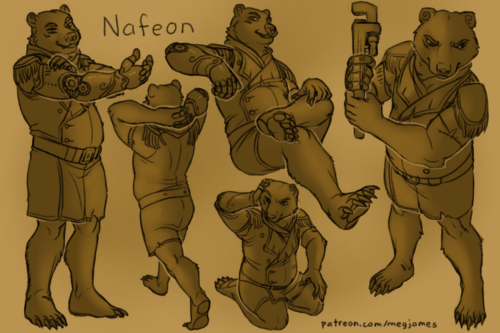 Sketch page featuring multiple sketches of Nafeon, an anthro European brown bear with a mechanical arm, in multiple poses and angles. The sketches are loosely shaded and toned in yellow.