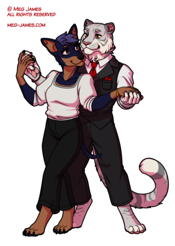 Simple full body drawing of an anthro doberman and an anthro tiger. The doberman, Naomi, has blue-black fur with brown markings and a tuft of medium-blue hair on her head, and is wearing a white blouse and black pants. The tiger is white with gray stripes, and is wearing a formal dark gray suit vest and pants with a red necktie. They are holding one another's hands mid-dance and looking into each other's eyes.