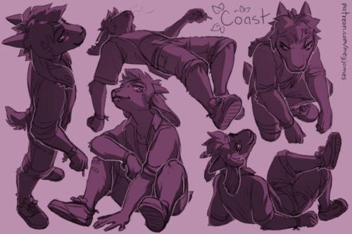 Sketch page featuring multiple sketches of Coast an anthro goat, in multiple poses and angles. The sketches are loosely shaded and toned in pinkish-purple.
