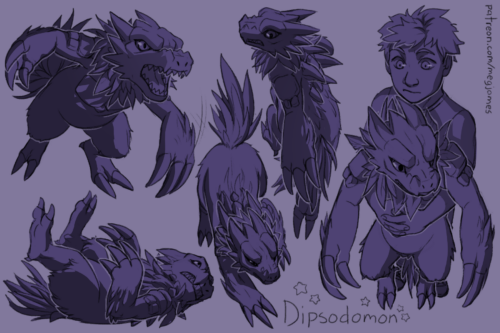 Sketch page featuring multiple sketches of Dipsodomon, a dinosaur-like digimon, in multiple poses and angles (one of which features Dipsodomon's tamer, Tim). The sketches are loosely shaded and toned in purple.