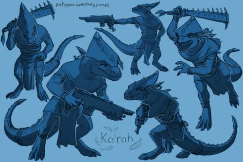 Sketch page featuring multiple sketches of Ka'rah, a saurus warrior, in multiple poses and angles. The sketches are loosely shaded and toned in blue.