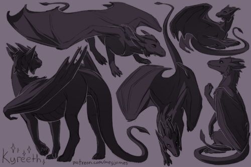 Sketch page featuring multiple sketches of Kyreeth, a western dragon, in multiple poses and angles. The sketches are loosely shaded and toned in grayish-purple.