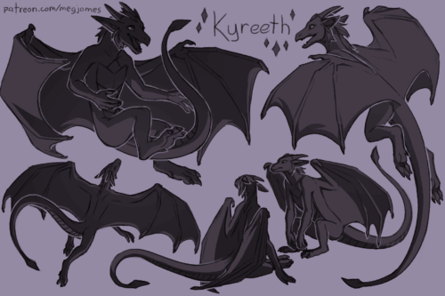 Sketch page featuring multiple sketches of Kyreeth, an anthro dragon, in multiple poses and angles. The sketches are loosely shaded and toned in muted purple.