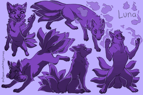 Sketch page featuring multiple sketches of Luna, a kitsune, in multiple poses and angles. The sketches are loosely shaded and toned in purple.