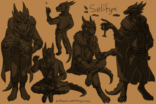 Sketch page featuring multiple sketches of Selifyx, a dragonborn, in multiple poses and angles. The sketches are loosely shaded and toned in gold-brown.