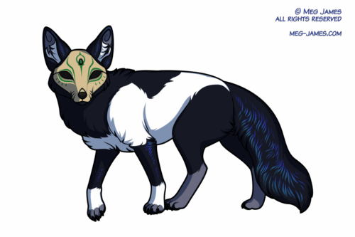 Drawing of Kola, a fox/kumiho with the black-and-white markings of a black-billed magpie. Her ears, front legs, and tail have some iridescent shine. She's wearing a beige mask with green markings on it, which obscures her eyes.