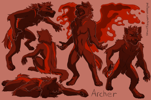 Sketch page featuring multiple sketches of Archer, a wolf with wings of blood, in multiple poses and angles. The sketches are loosely shaded and toned in red.