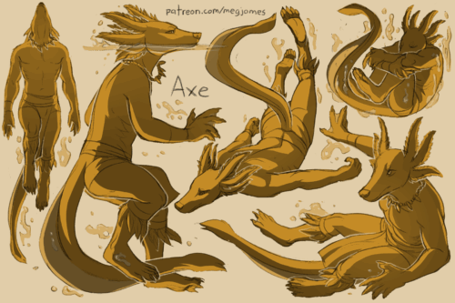 Sketch page featuring multiple sketches of Axe, an anthro axolotl/ocelot/coati mix, in multiple poses and angles. The sketches are loosely shaded and toned in yellow.