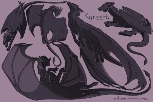 Sketch page featuring multiple sketches of Kyreeth, an anthro dragon, in multiple poses and angles. The sketches are loosely shaded and toned in gray-purple.