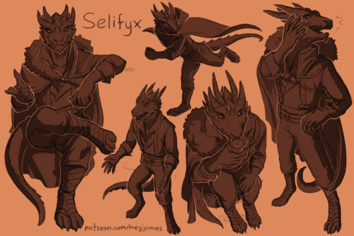 Sketch page featuring multiple sketches of Selifyx, an upper-class-looking dragonborn, in multiple poses and angles. The sketches are loosely shaded and toned in orange-brown.