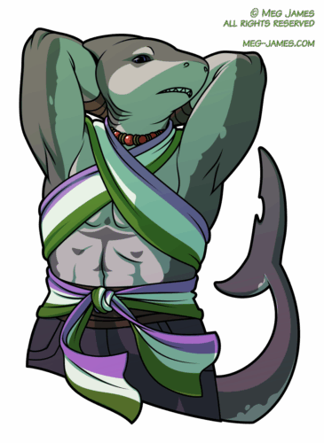 Halfbody drawing of Noaa, a muscular sharkfolk (resembling a great white shark), wearing a wrap top colored like the genderqueer pride flag.