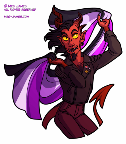 Halfbody drawing of Vaclav, a yellow-eyed and red-skinned tiefling with mismatched horns, holding up an asexual pride flag.