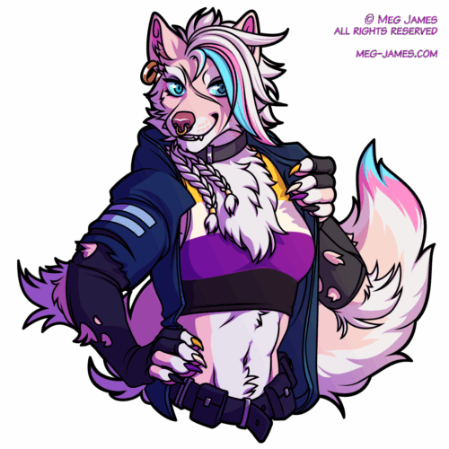 Halfbody drawing of Vae, a muscular, pink-and-white-colored anthro wolf, wearing a dark blue jacket over a crop top colored like the nonbinary pride flag.