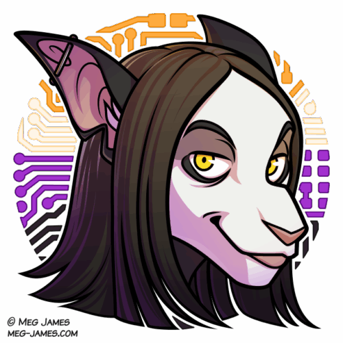 Icon of an anthro/furry of indeterminate species, with yellow eyes, white fur with black markings, and brown hair. She is framed in a decorative circle colored like the nonbinary flag, with a circuit-board pattern.