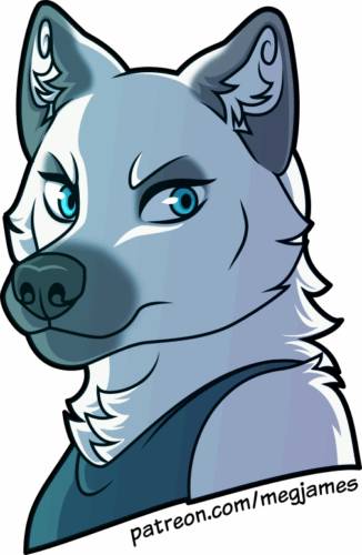 Quick draw portrait of Gikata Xihe, an anthro kitsune/winter wolf, on a transparent backdrop.