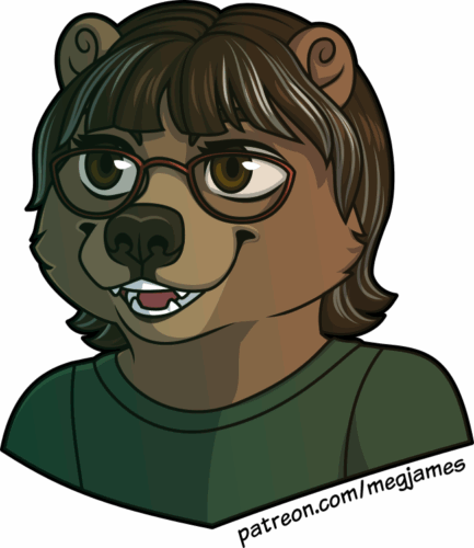 Quick draw portrait of Mama Grizzly, an anthro grizzly bear wearing glasses, on a transparent backdrop.
