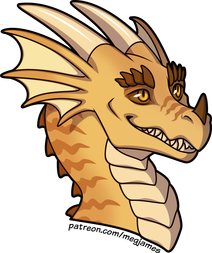 Quick draw portrait of Pyro, a sandy-gold dragon, on a transparent backdrop.
