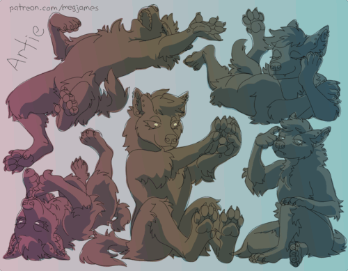 Sketch page featuring multiple sketches of Artie, an anthro brown hyena, in multiple poses and angles. The sketches are loosely shaded and toned in pink-yellow-blue.