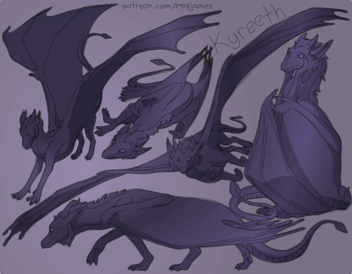 Sketch page featuring multiple sketches of Kyreeth, a western dragon, in multiple poses and angles. The sketches are loosely shaded and toned in gray-purple.