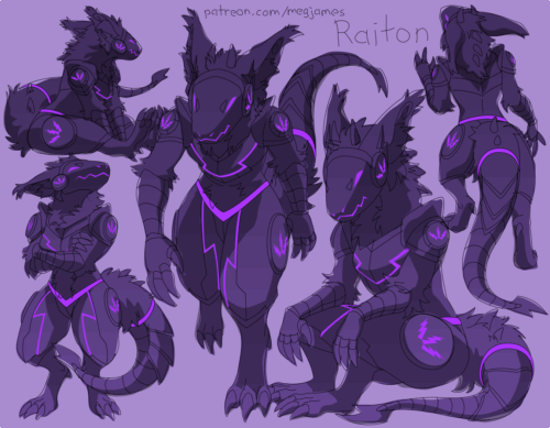Sketch page featuring multiple sketches of Raiton, a protogen with glowing purple accents, in multiple poses and angles. The sketches are loosely shaded and toned in purple.