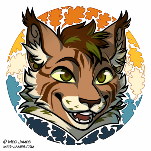 Icon of an anthro feline with green eyes and brown fur with white and green markings. He is framed in a decorative circle colored like the aroace flag, with an oak leaf pattern.
