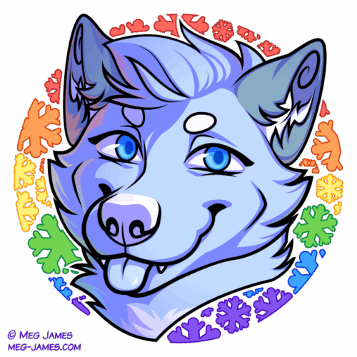Icon of a pale blue anthro wolf with light blue eyes, sticking out his tongue playfully. He is framed in a decorative circle colored like the rainbow Pride flag, with a snowflake pattern.