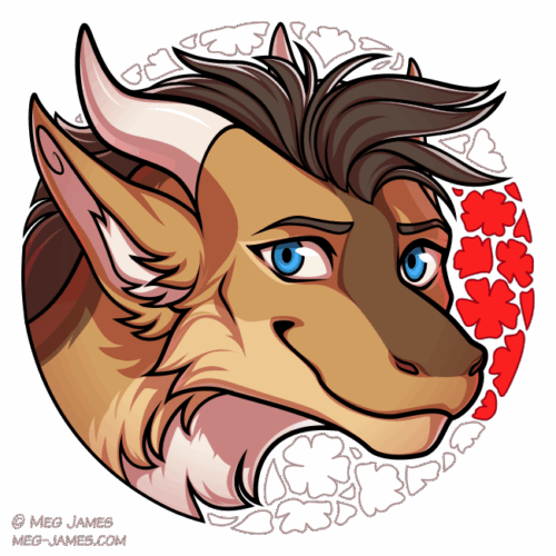 Icon of a brown, furry dragon with blue eyes, white horns, and a mane of darker brown hair. He is smiling, and is framed in a decorative circle colored like the white-red-white flag used by the Belarusian opposition, with a flower shape pattern.