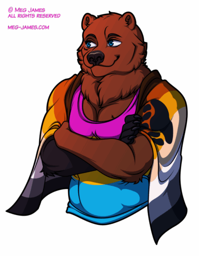 Halfbody drawing of Nafeon, a muscular anthro European brown bear, wearing a tank top colored like the pansexual pride flag, with a bear flag draped over his shoulders.