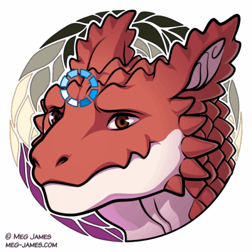 Icon of a spiky/lumpy reddish dragon who resembles a lychee fruit, making a confused expression with a loading circle over his forehead. He is framed in a decorative circle colored like the asexual flag, with a leafy pattern.
