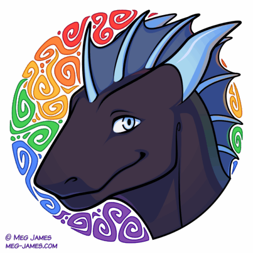 Icon of a dark purple dragon with pale blue eyes, blue horns, and blue frill. He is smiling, and is framed in a decorative circle colored like the rainbow flag, with a wavy/curly shape pattern.