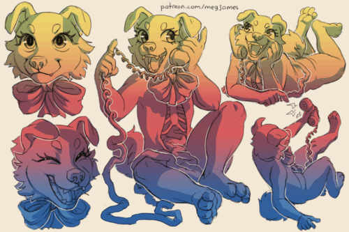 Sketch page featuring multiple sketches of Chatterbox, an anthro dog with a telephone handset derived from their guts, in multiple poses, angles, and expressions. The sketches are loosely shaded and toned in yellow, red, and blue.
