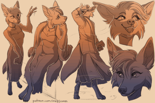 Sketch page featuring multiple sketches of Emerald, an anthro maned wolf, in multiple poses, angles, and expressions. The sketches are loosely shaded and toned in orange and gray.