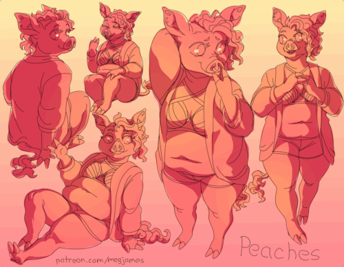 Sketch page featuring multiple sketches of Peaches, an anthro pig, in multiple poses and angles. The sketches are loosely shaded and toned in peachy-pink.