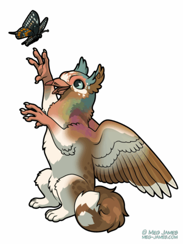 Drawing of Buttercup, a griffin based off a key west quail-dove and a cat. She has brown and white coloration, darker brown spots/stripes on her body and tail, and iridescent markings on her head, neck, and backs of her wings. She is sitting on her haunches and reaching up playfully at a butterfly.