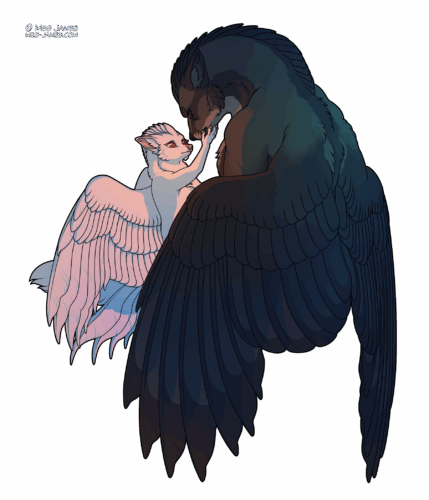 Halfbody drawing of The Harp, an albino alecani (winged fox-like species), reaching up and gently cradling the face of Shadow, a much larger dark-colored alecani.