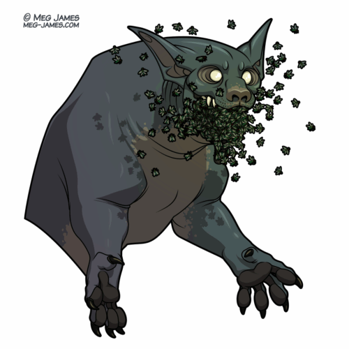 Halfbody drawing of The Nameless Beast, a beast with a blank white eyes, smooth glossy slightly iridescent gray skin, pointy ears, and claws. It is reared up and producing a swarm of flies from its mouth.