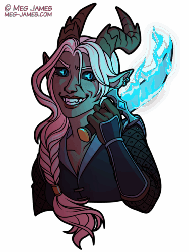 Halfbody drawing of Noregretta, a tiefling rogue with jagged horns, long white hair in a braid, and blue eyes with dark sclerae. She is smiling with a sinister grin, and holding up a dagger with blue flames emanating from the blade.