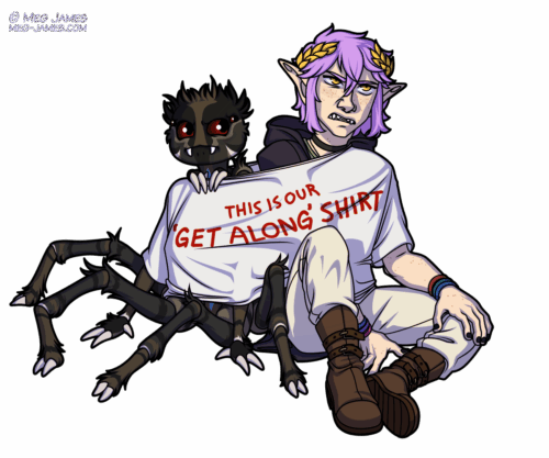 Drawing of Serandite, a young anthro-ish fuzzy spider with black and brown coloration, and Charon, an elf-like humanoid with purple hair and yellow eyes. They are sitting down and both wearing one large T-shirt with the text 