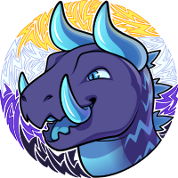 Icon of Thundersnap, a kaiju, framed in a decorative circle with a lightning bolt pattern colored like the nonbinary flag.