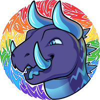 Icon of Thundersnap, a kaiju, framed in a decorative circle with a lightning bolt pattern colored like the rainbow Pride flag.